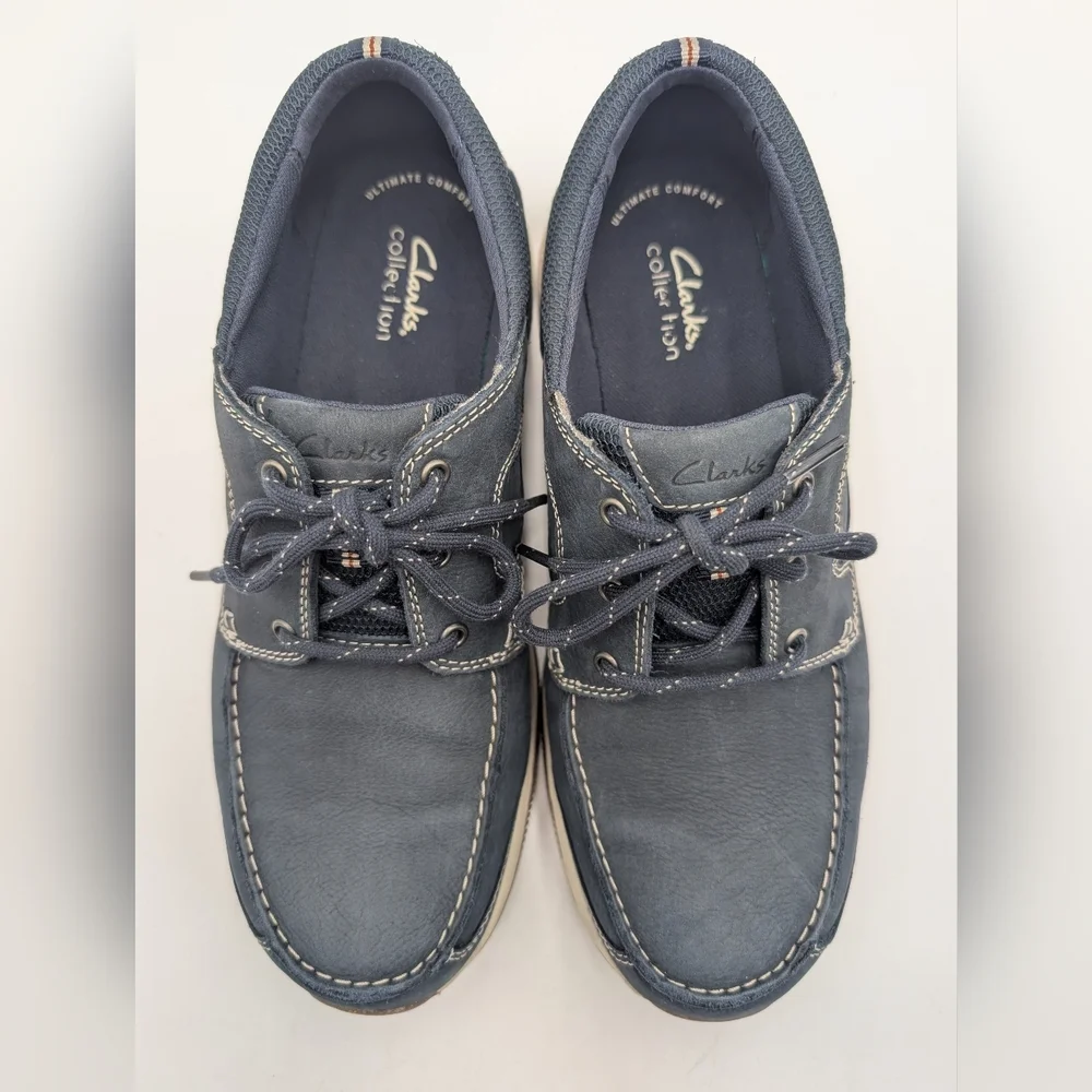 Clarks Sailview Lace Sz 11W Men Navy Nubuck Premium Leather Shoes Slip Resistant